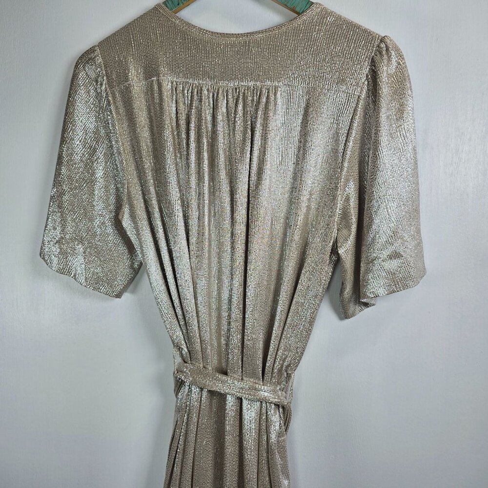 Sabina Musayev Gold Metallic Shimmer Foil O/S Belted Button-up Dress, M, NWOT - Picture 10 of 12
